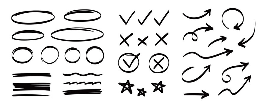 Arrow, underline, circle frame marker line set. Line marker hand drawn pen brush stroke sketch arrow, circle, highlight element. Doodle check, cross, star frame icons. Vector illustration