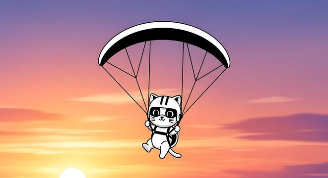 A cartoon cat, wearing a helmet and goggles, floats under a parachute against a sunset sky. The image uses a mix of grayscale and vibrant colors