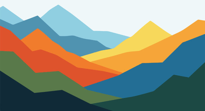 A colorful abstract mountain landscape with layered peaks