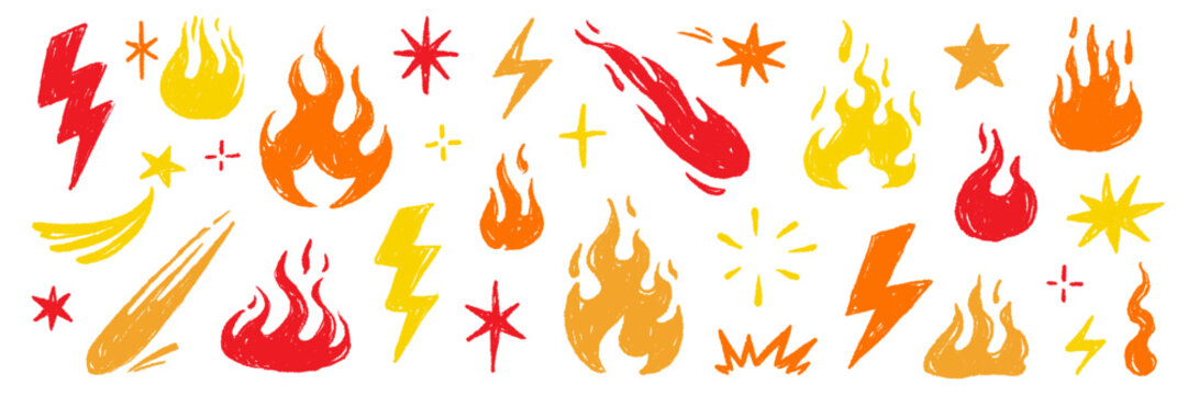Fire flame icon doodle set. Hand drawn fire flame brush scribble grunge chalk texture shape graphic. Lightning bolt explosion energy blast power sticker rock burst. Vector illustration