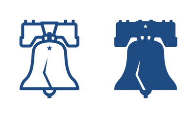 Iconic bell illustration in outline and solid blue, symbolizing freedom, independence, and historical legacy for diverse design applications © The blitz