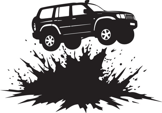 Off-road SUV, 4x4 vehicle, car silhouette, jumping, mud splatter, vector icon