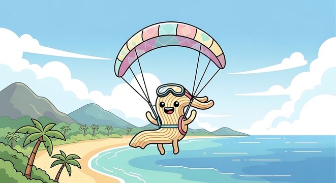 A cartoon character resembling pasta enjoys a parasailing adventure over a tropical beach and ocean