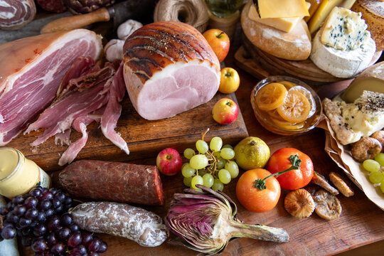 Gourmet feast with assorted delicacies.