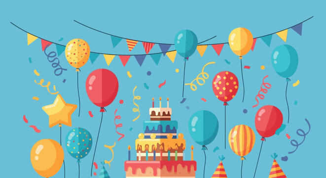 Festive Birthday: A vibrant birthday scene is set, with a colorful cake, playful balloons, and festive decorations, creating a joyful and celebratory atmosphere.