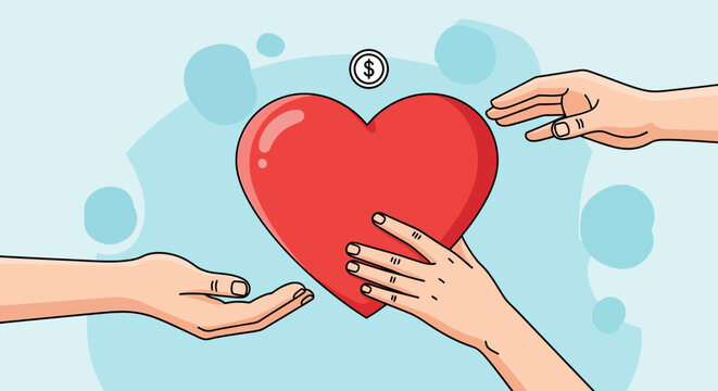 Hands of Compassion: Symbolic illustration of hearts being offered and money is given out, representing acts of charity, kindness, and support.