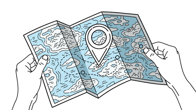 Pair of hands holding a folded blue and grey map with a large white location pin symbol in the center and a dotted route.