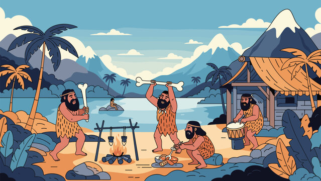 Scenes from prehistoric life showing cavemen cooking over a fire, playing music, and hunting on a tropical beach near mountains.