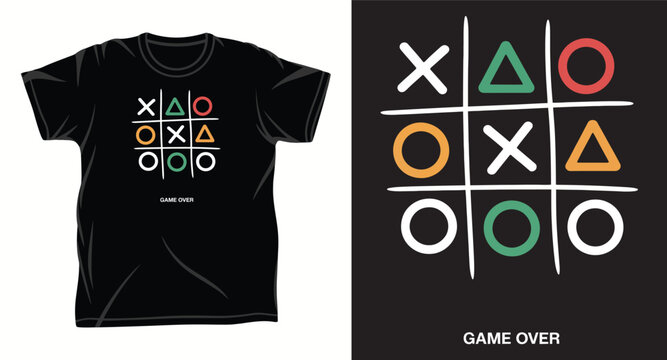 T shirt design with tic tac toe game board and symbols on black background vector.