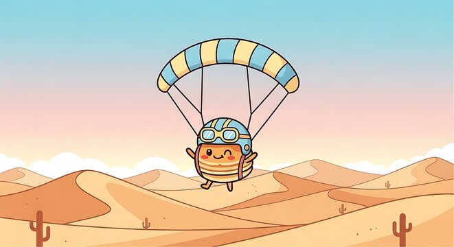 A stack of cheerful, anthropomorphic pancakes wearing a pilot's helmet and goggles, parachuting over a desert landscape with sand dunes and cacti
