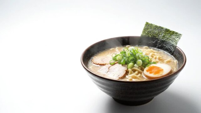 Steaming Bowl of Ramen on Clean Studio Background Rich Japanese Noodle Soup Food Advertising Visual