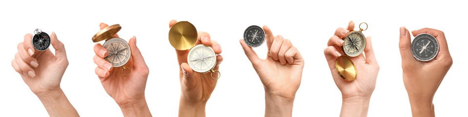 Set of hands holding compasses on white background © Pixel-Shot