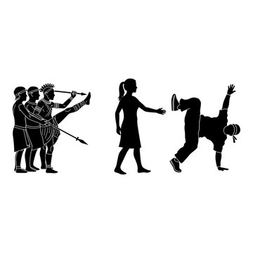 Contrast of ancient warriors, modern dancer, and breakdancer in black and white Vector, illustration