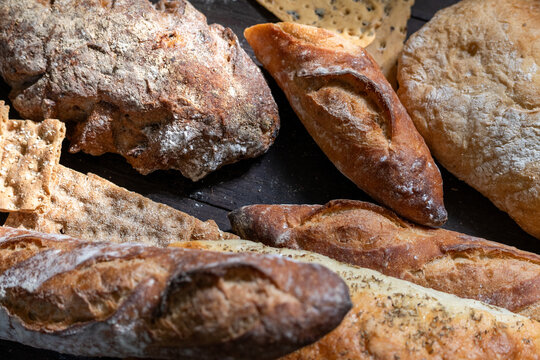Assorted artisanal breads on display.