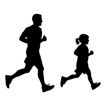 A silhouette of an adult and child running together in a park. Vector, illustration