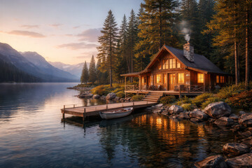 Obraz premium A cozy cabin by a serene lake surrounded by mountains and trees.