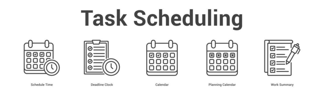 Task Scheduling web banner icon set vector illustration concept for business with icon of Schedule Time, Deadline Clock, Calendar, Planning Calend.
