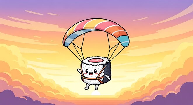 A cute cartoon sushi roll parachuting through a colorful sunset sky. The sushi smiles and waves, its parachute a rainbow of colors