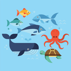Fototapeta premium Colorful illustration of sea creatures swimming.
