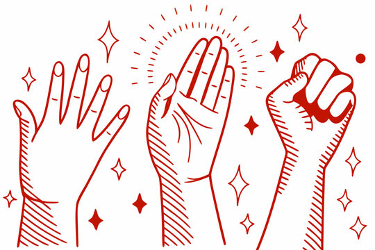 Red illustration depicting two hands clapping and a raised fist