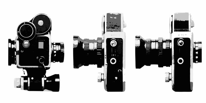Vintage super 8 film camera depicted in a graphic illustrative style