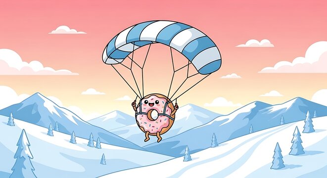 A cartoon donut with a smiling face descends from a parachute over snowy mountains at sunset. Its legs dangle playfully