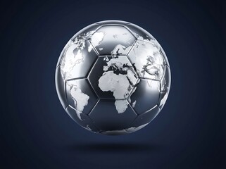 Obraz premium Shiny metallic soccer ball with world map on dark background globally uniting sports
