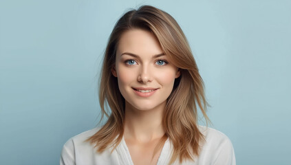 Obraz premium Smiling woman with blue eyes and light brown hair in soft blue background