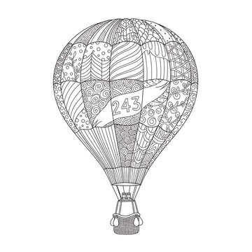 Zentangle Hot Air Balloon with Number 243 | Intricate Doodle Art Flight Illustration