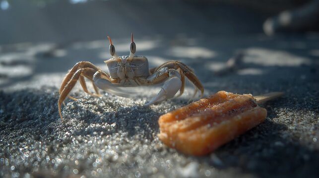 Ghost crab investigating an orange popsicle on a sandy beach
