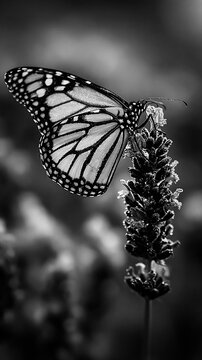 Monarch butterfly resting on lavender flower in black and white