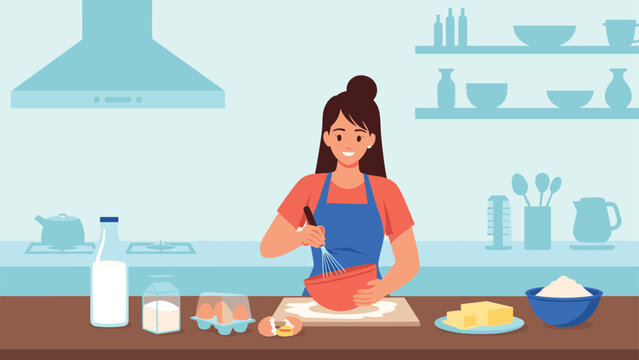 Happy young woman wearing a blue apron whisks ingredients in a red bowl while preparing to bake at a wooden counter in her kitchen.