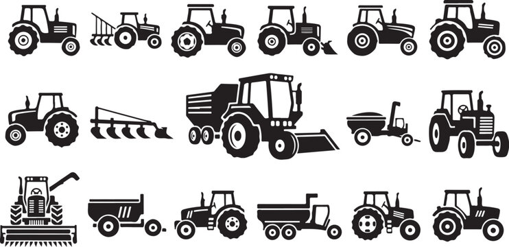 Tractors and farming equipment in black and white