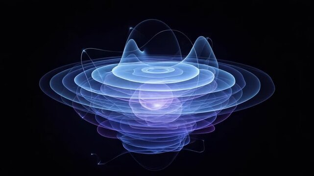 Abstract glowing blue and purple concentric waves and energy fields on a dark background, representing quantum physics or sound visualization.