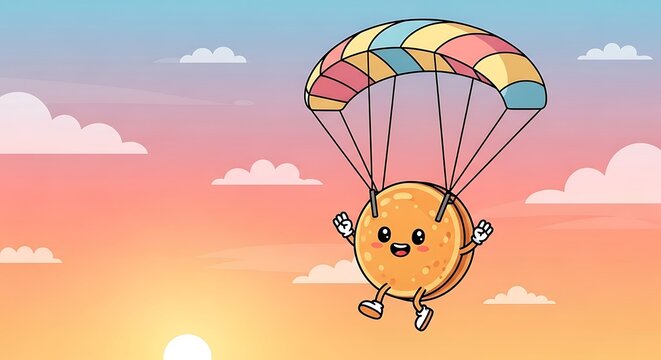 A cartoon cookie character with happy expression is skydiving, attached to a colorful parachute against a sunset backdrop