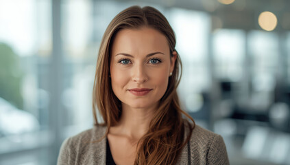 Fototapeta premium Confident professional woman portrait with soft smile and shallow depth of field