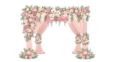 A decorative wedding arch adorned with pink and white roses and draped with soft pink fabric stands against a clean white background, creating an elegant and romantic floral arrangement © NanzZ