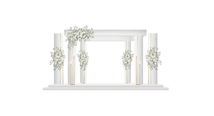 Elegant white wedding archway adorned with floral arrangements stands against a clean white backdrop, showcasing a minimalist and modern style with soft lighting that highlights © NanzZ