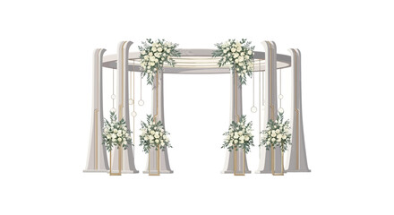 A wedding chuppah adorned with white floral arrangements and sheer fabric drapes stands against a plain white background, creating a scene with soft lighting and a romantic, elegant © NanzZ