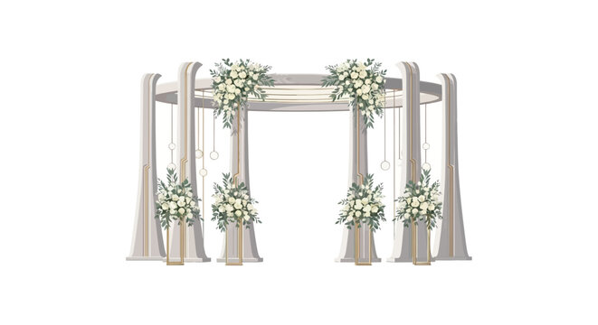 A wedding chuppah adorned with white floral arrangements and sheer fabric drapes stands against a plain white background, creating a scene with soft lighting and a romantic, elegant