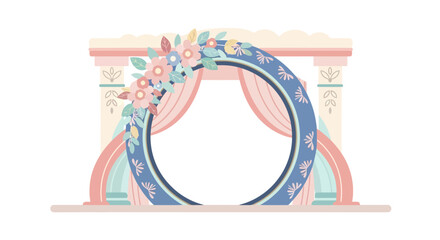 A decorative wedding arch adorned with flowers and pastel-colored drapes stands against a white background, presented in a flat vector illustration with a soft and cheerful mood © NanzZ