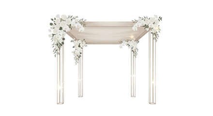 A wedding chuppah, adorned with elegant white floral arrangements, stands on clear acrylic pillars against a clean white backdrop, presented in a soft, dreamy style that evokes a sense © NanzZ
