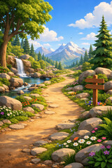 Obraz premium A scenic mountain path with a waterfall and blooming flowers.
