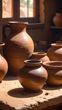 A rustic pottery workshop with clay jugs on a table