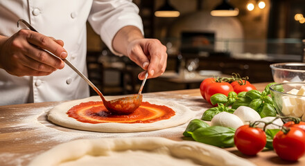 Close up of a chef in white uniform using a ladle to spread red tomato sauce in a circular motion on raw pizza base