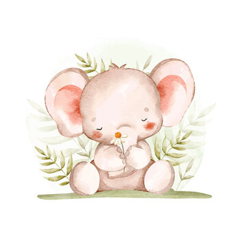 Watercolor Illustration of Baby Elephant and Tropical Leaves