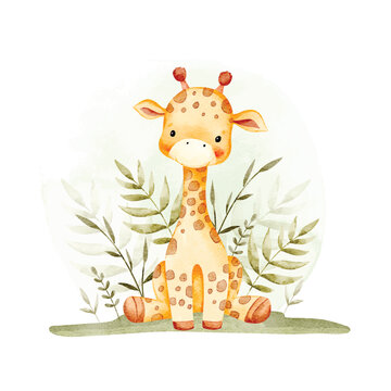Watercolor Illustration of Baby Giraffe and Tropical Leaves