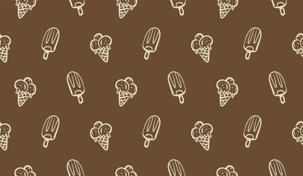 Ice cream doodle background. Chocolate ice cream pattern background. Vanilla ice stick seamless pattern for packaging. Summer beverage hand drawn wallpaper.