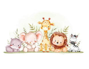Naklejka premium Watercolor Illustration of Safari Animals and Tropical Leaves