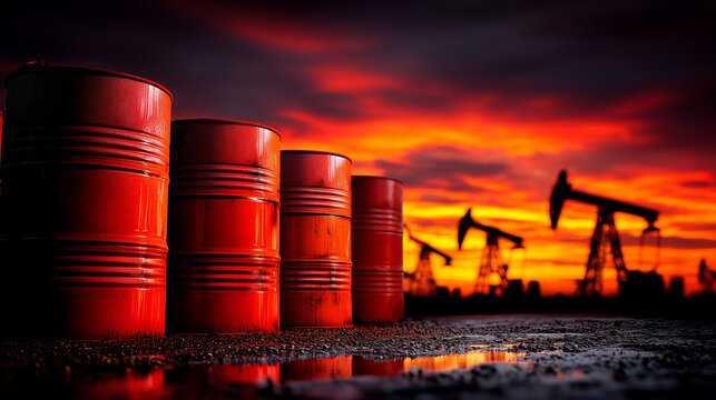 Oil Barrels and Pumpjacks at Sunset Representing Crude Oil Industry, Energy Production and Global Commodity Market